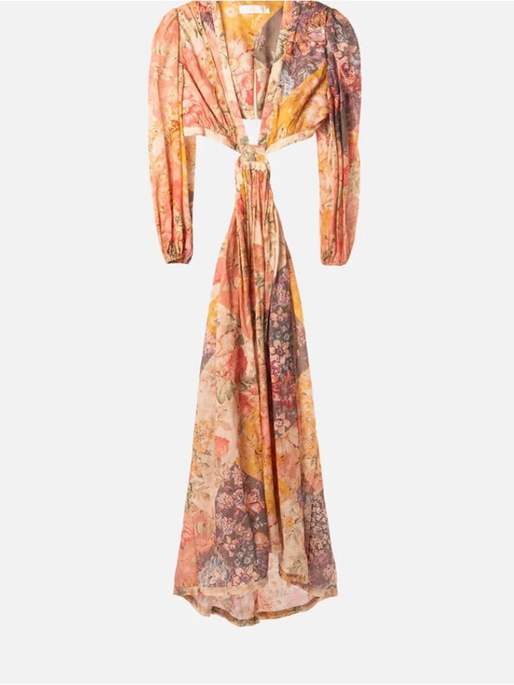 ZIMMERMANN- PEACH AND MUSTARD FLORAL TIE-FRONT MAXI DRESS